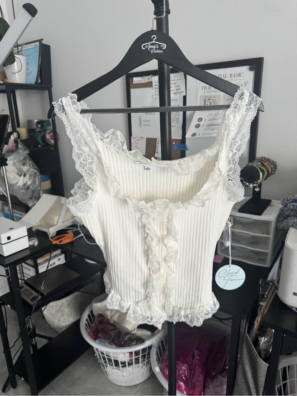 Ruffled Lace-Trim Ribbed Camisole - Cream